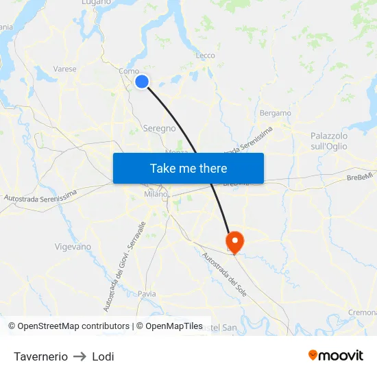 Tavernerio to Lodi map