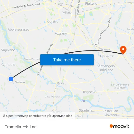 Tromello to Lodi map