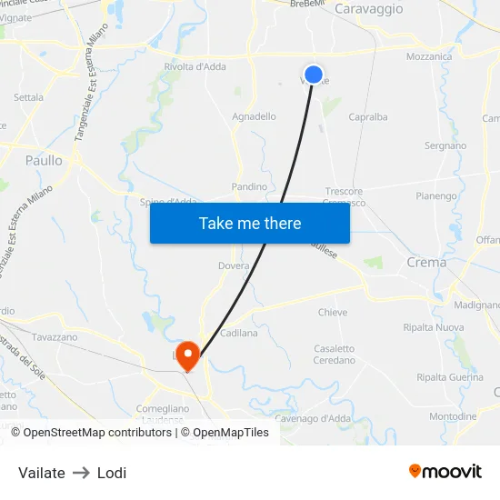 Vailate to Lodi map