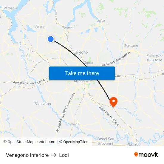 Venegono Inferiore to Lodi map