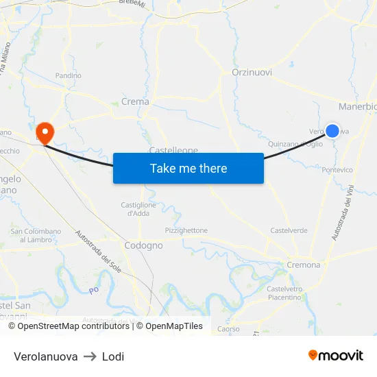 Verolanuova to Lodi map