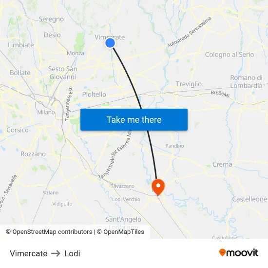 Vimercate to Lodi map