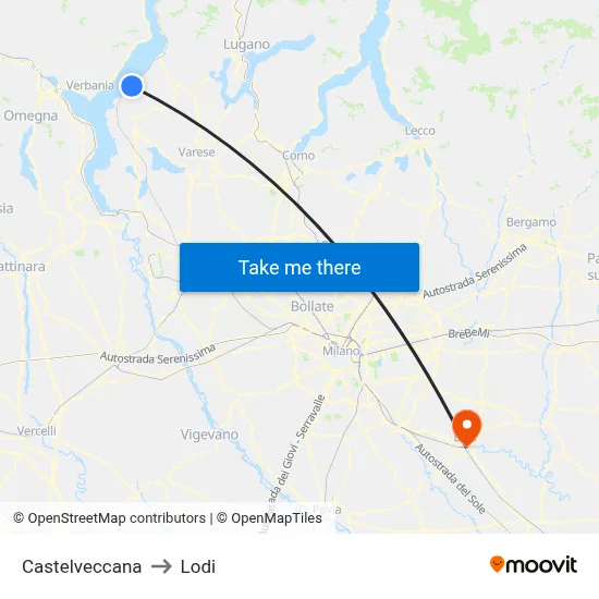 Castelveccana to Lodi map