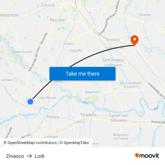 Zinasco to Lodi map