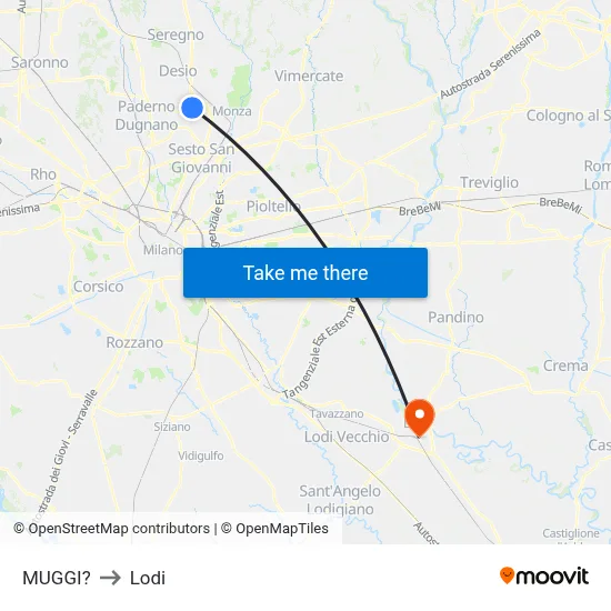 Muggiò to Lodi map