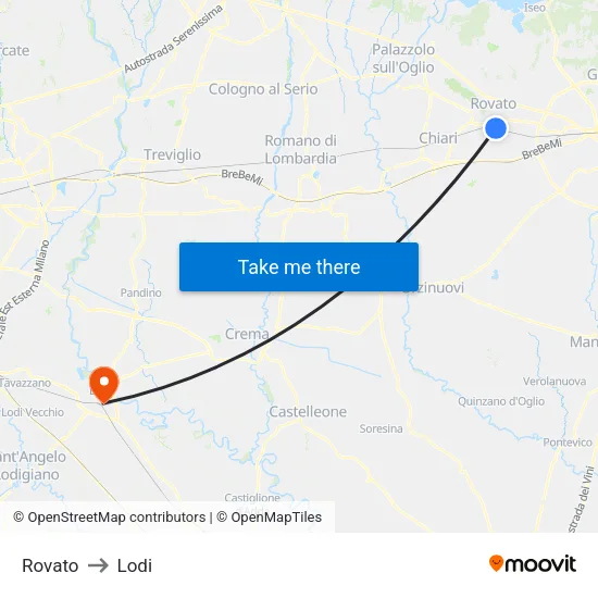 Rovato to Lodi map