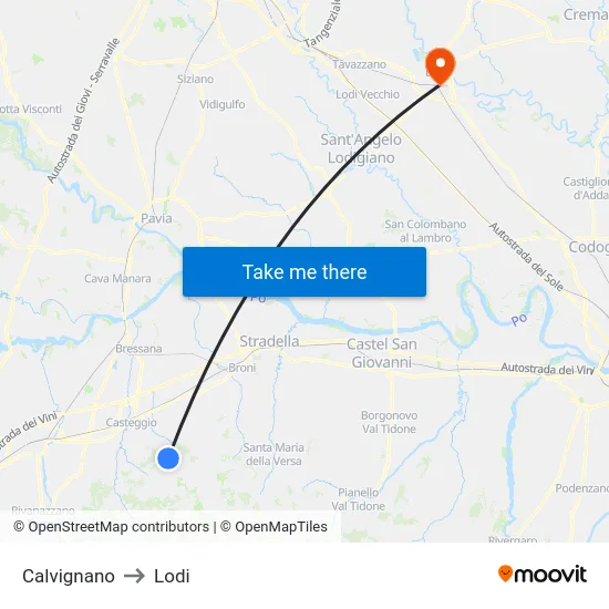 Calvignano to Lodi map