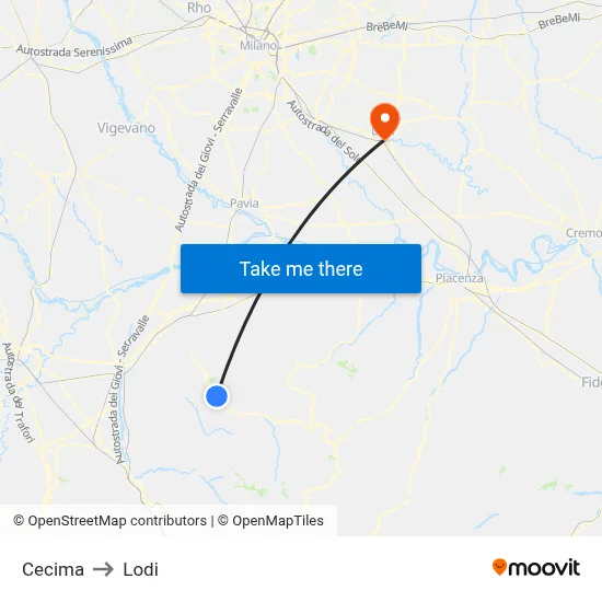 Cecima to Lodi map