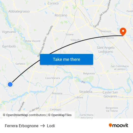 Ferrera Erbognone to Lodi map