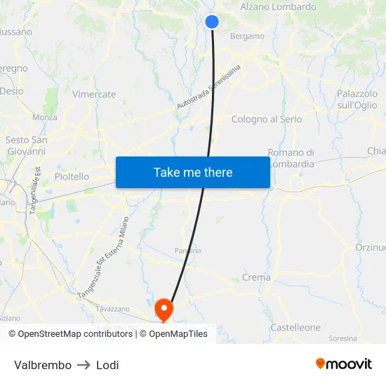 Valbrembo to Lodi map