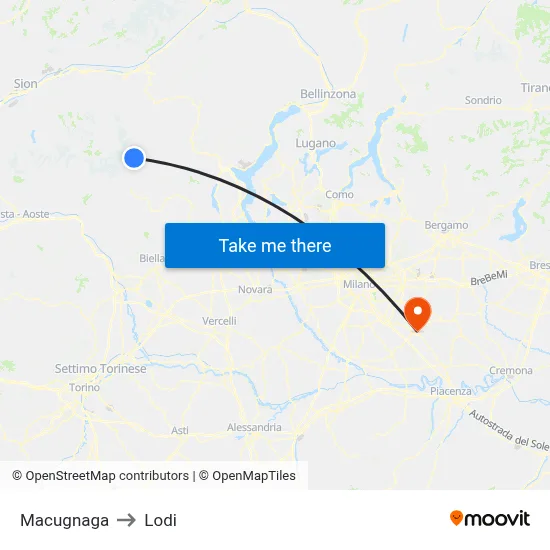 Macugnaga to Lodi map