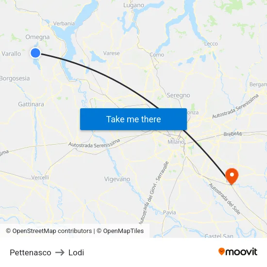 Pettenasco to Lodi map