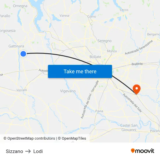 Sizzano to Lodi map