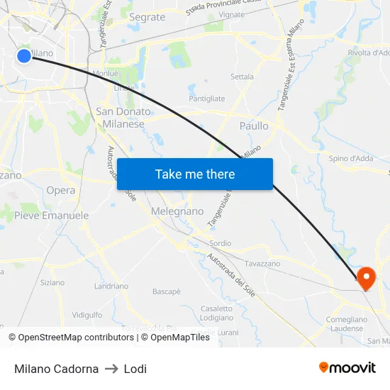 Milan Cadorna to Lodi map
