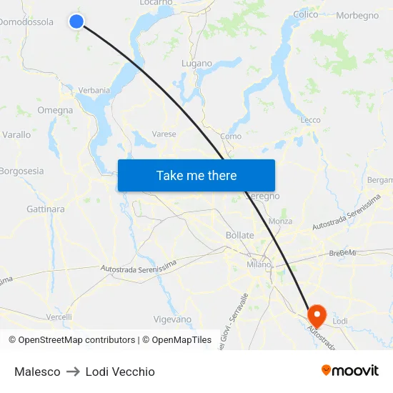 Malesco to Lodi Vecchio map