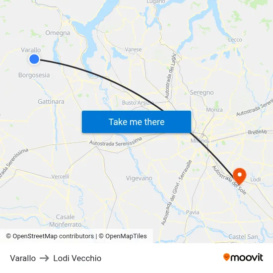 Varallo to Lodi Vecchio map