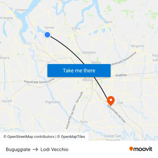Buguggiate to Lodi Vecchio map