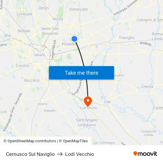 Cernusco Sul Naviglio to Lodi Vecchio map