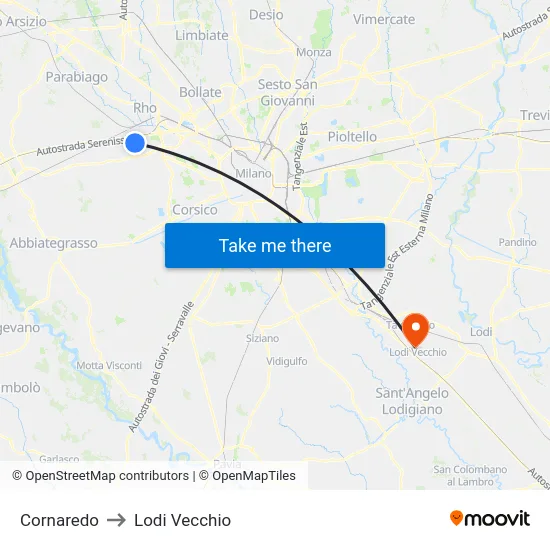 Cornaredo to Lodi Vecchio map