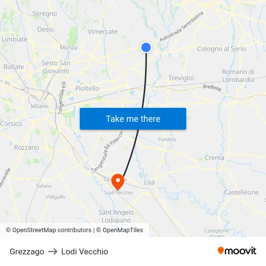 Grezzago to Lodi Vecchio map