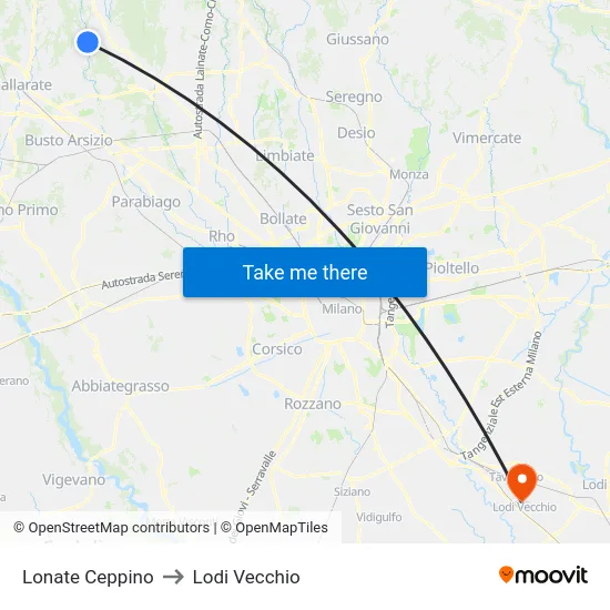 Lonate Ceppino to Lodi Vecchio map