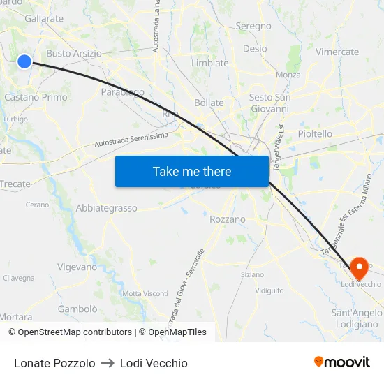 Lonate Pozzolo to Lodi Vecchio map