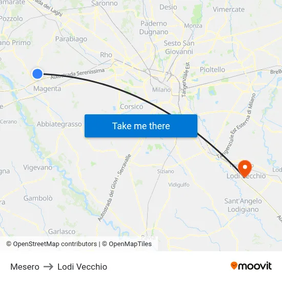 Mesero to Lodi Vecchio map