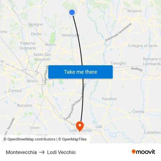 Montevecchia to Lodi Vecchio map