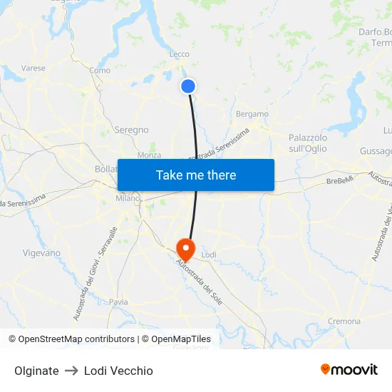 Olginate to Lodi Vecchio map