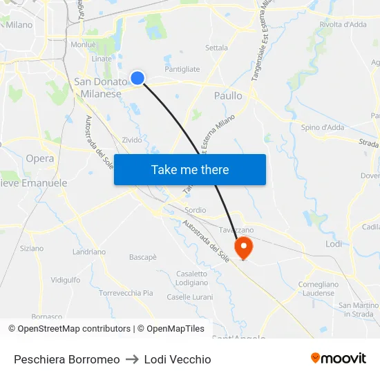Peschiera Borromeo to Lodi Vecchio map