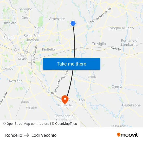 Roncello to Lodi Vecchio map