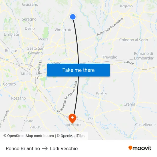 Ronco Briantino to Lodi Vecchio map