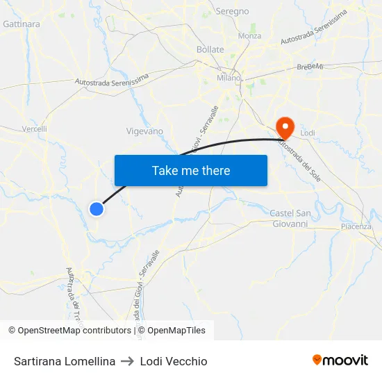 Sartirana Lomellina to Lodi Vecchio map