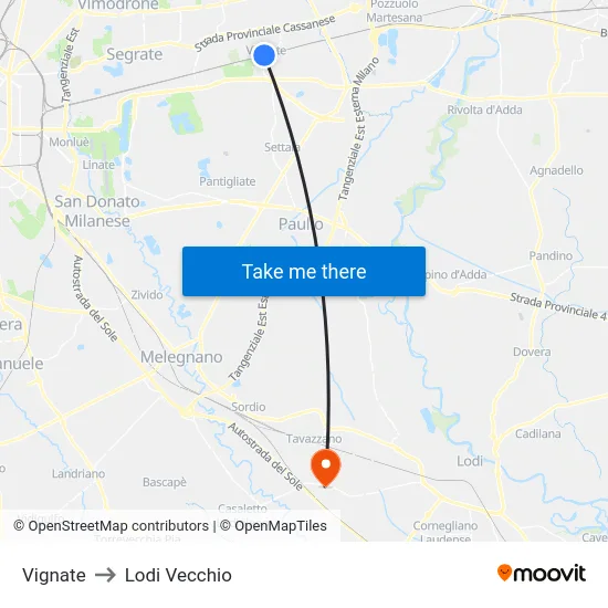 Vignate to Lodi Vecchio map