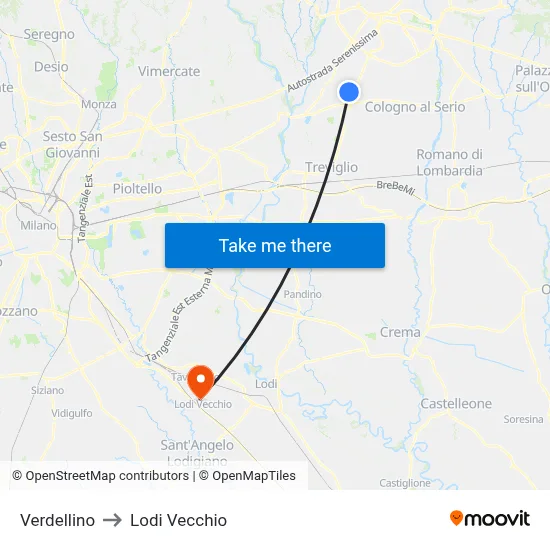 Verdellino to Lodi Vecchio map