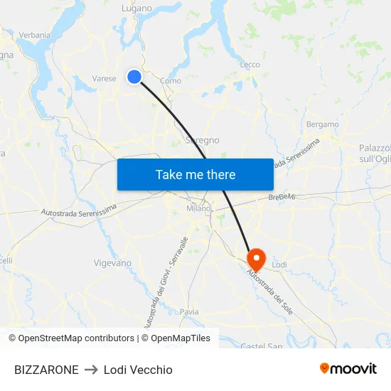Bizzarone to Lodi Vecchio map