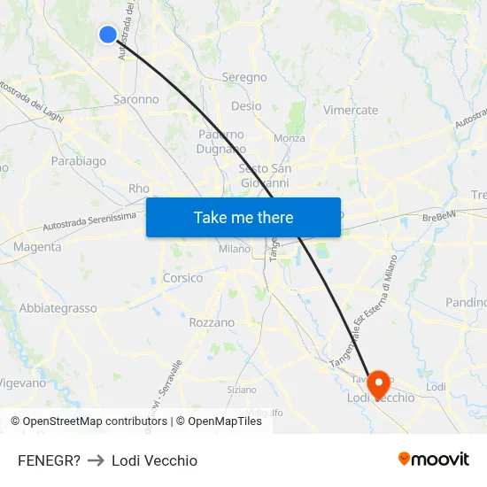 Fenegro to Lodi Vecchio map