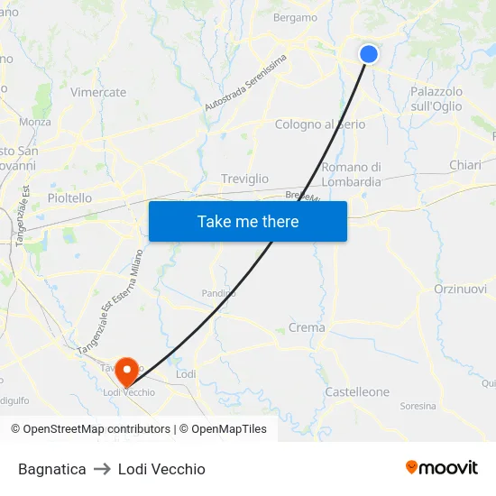 Bagnatica to Lodi Vecchio map