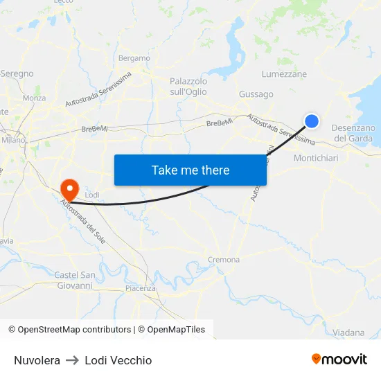 Nuvolera to Lodi Vecchio map