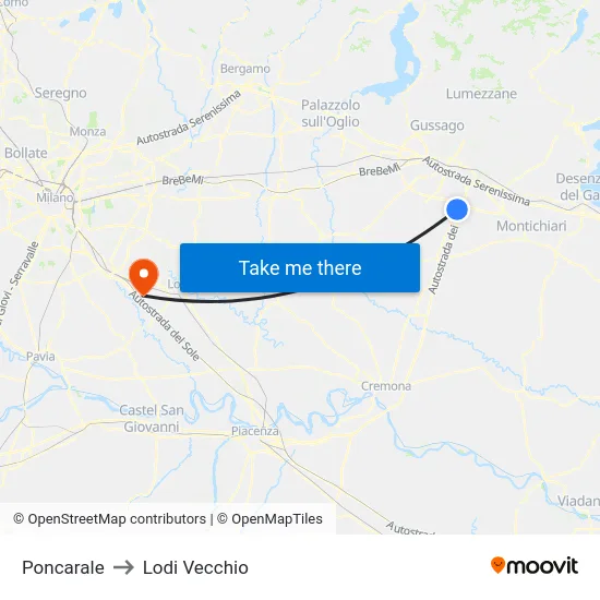 Poncarale to Lodi Vecchio map