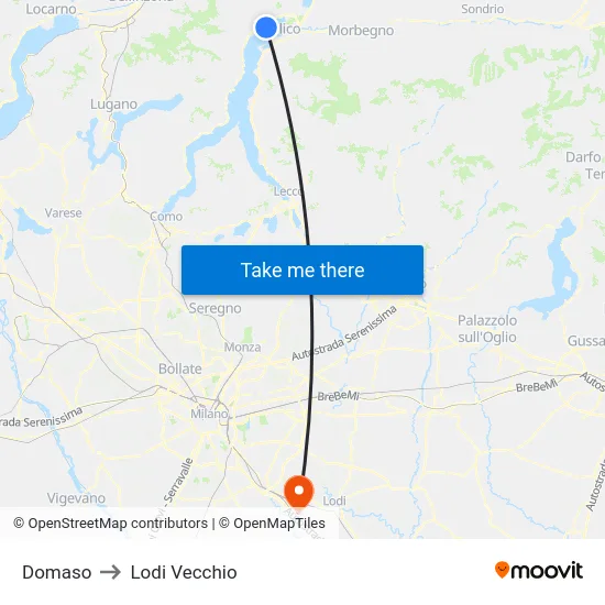 Domaso to Lodi Vecchio map
