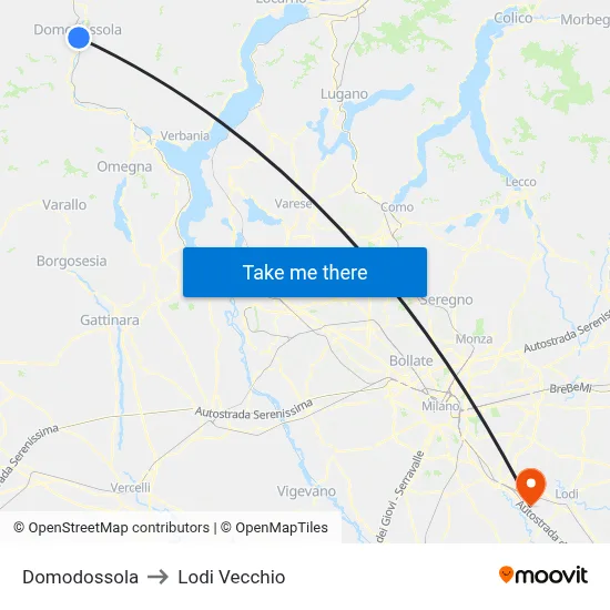Domodossola to Lodi Vecchio map