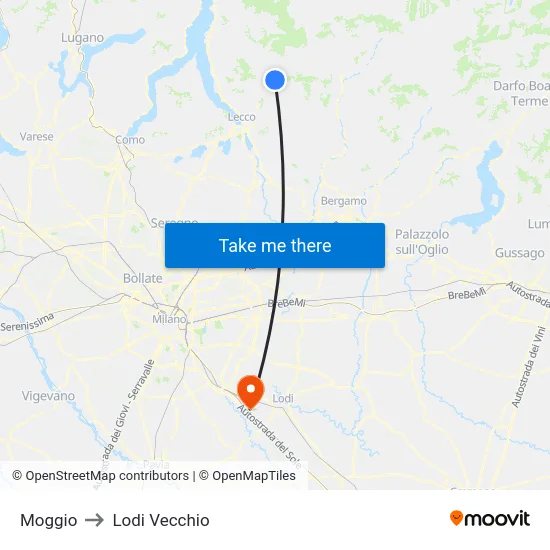 Moggio to Lodi Vecchio map