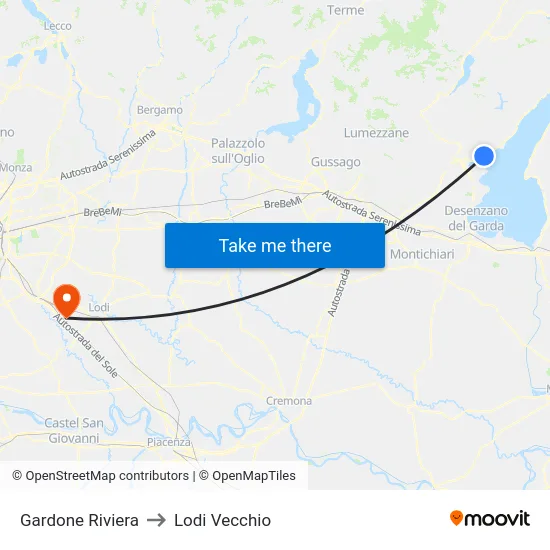 Gardone Riviera to Lodi Vecchio map