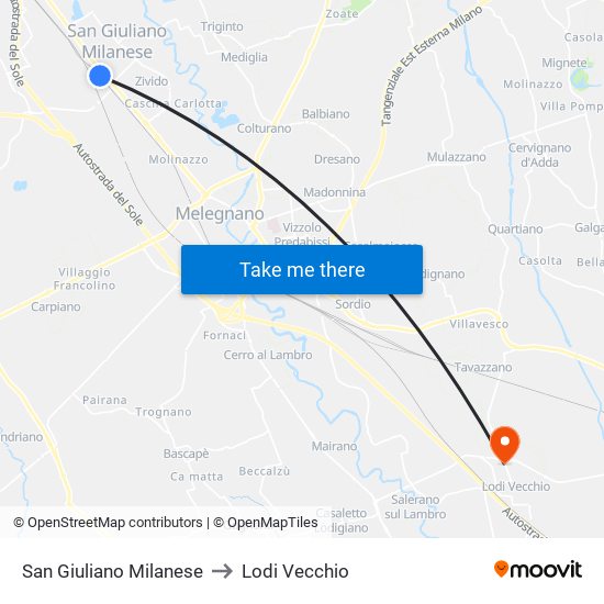 San Giuliano Milanese to Lodi Vecchio map