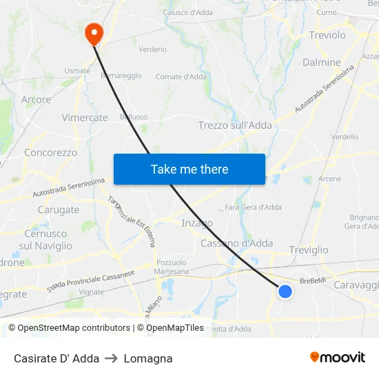 Casirate d'Adda to Lomagna map