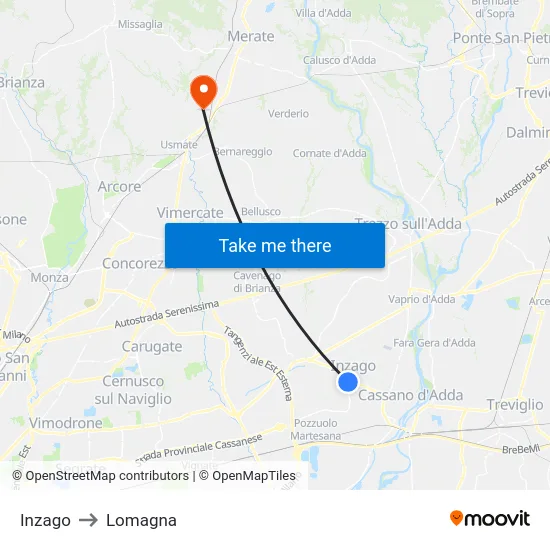 Inzago to Lomagna map