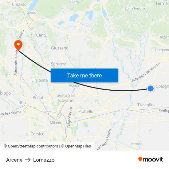 Arcene to Lomazzo map