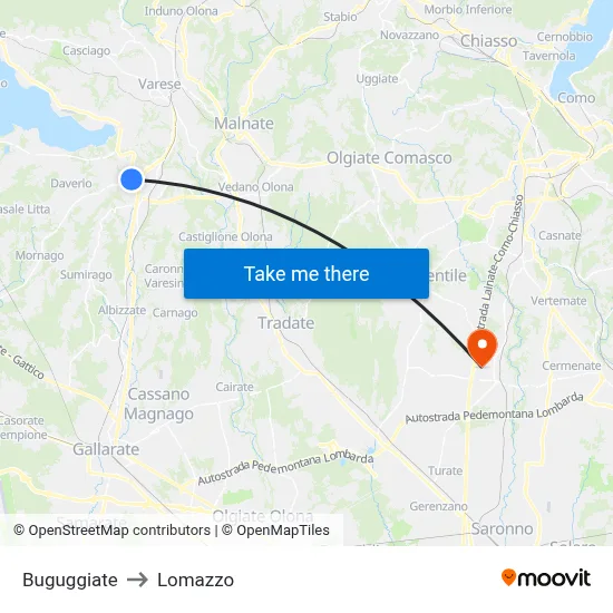 Buguggiate to Lomazzo map