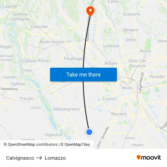 Calvignasco to Lomazzo map
